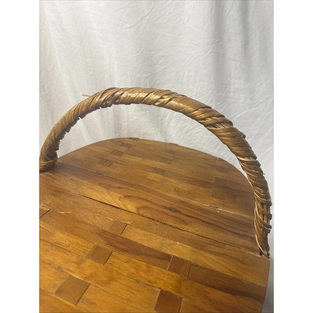 Vintage MCM Woven Split Wicker Rattan Wooden Flip Top Picnic Basket Travel Food